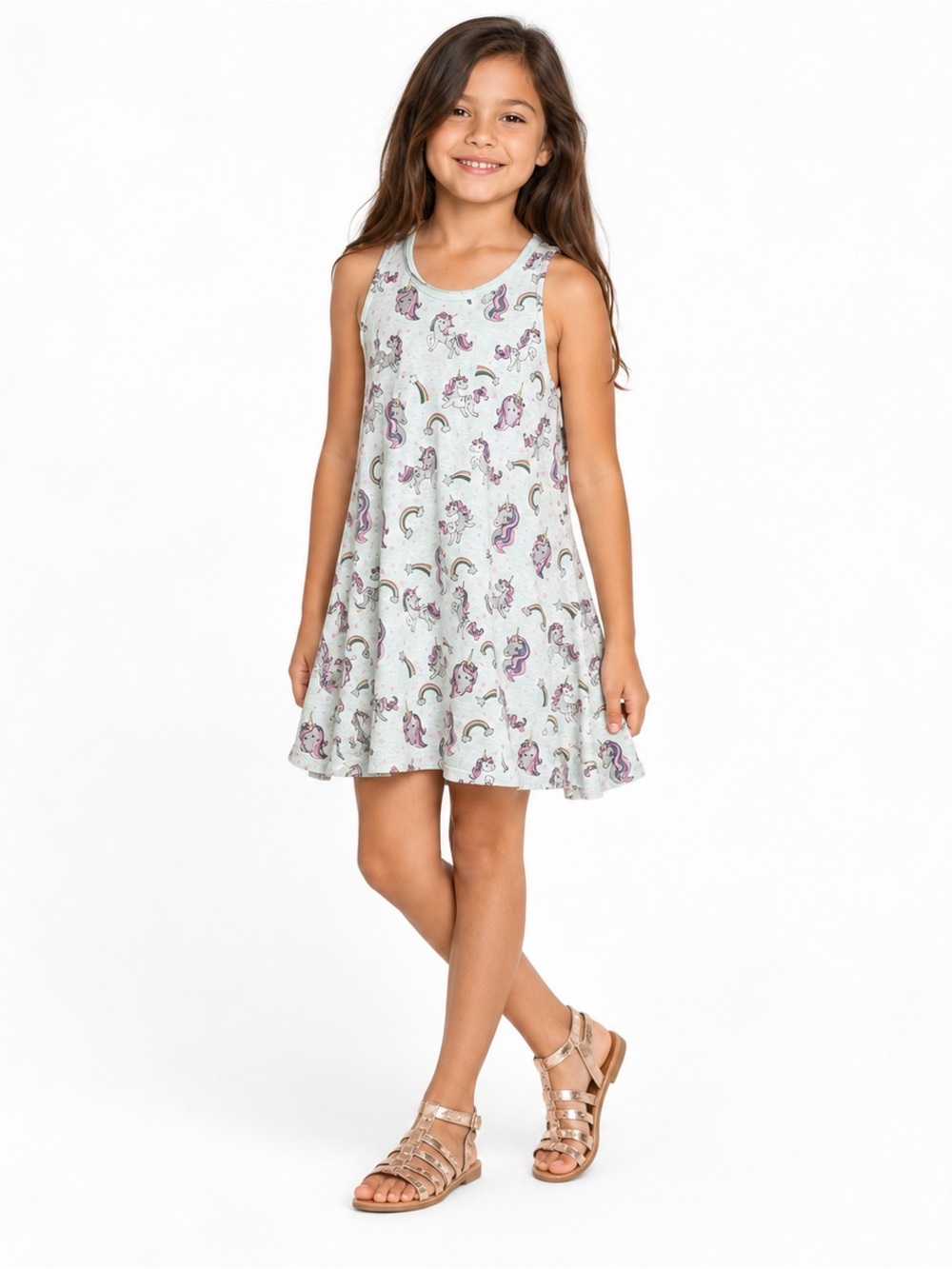 Chaser Glitter Unicorn Casual Dress Blue Rainbow Print Girls Size 7 Sleeveless